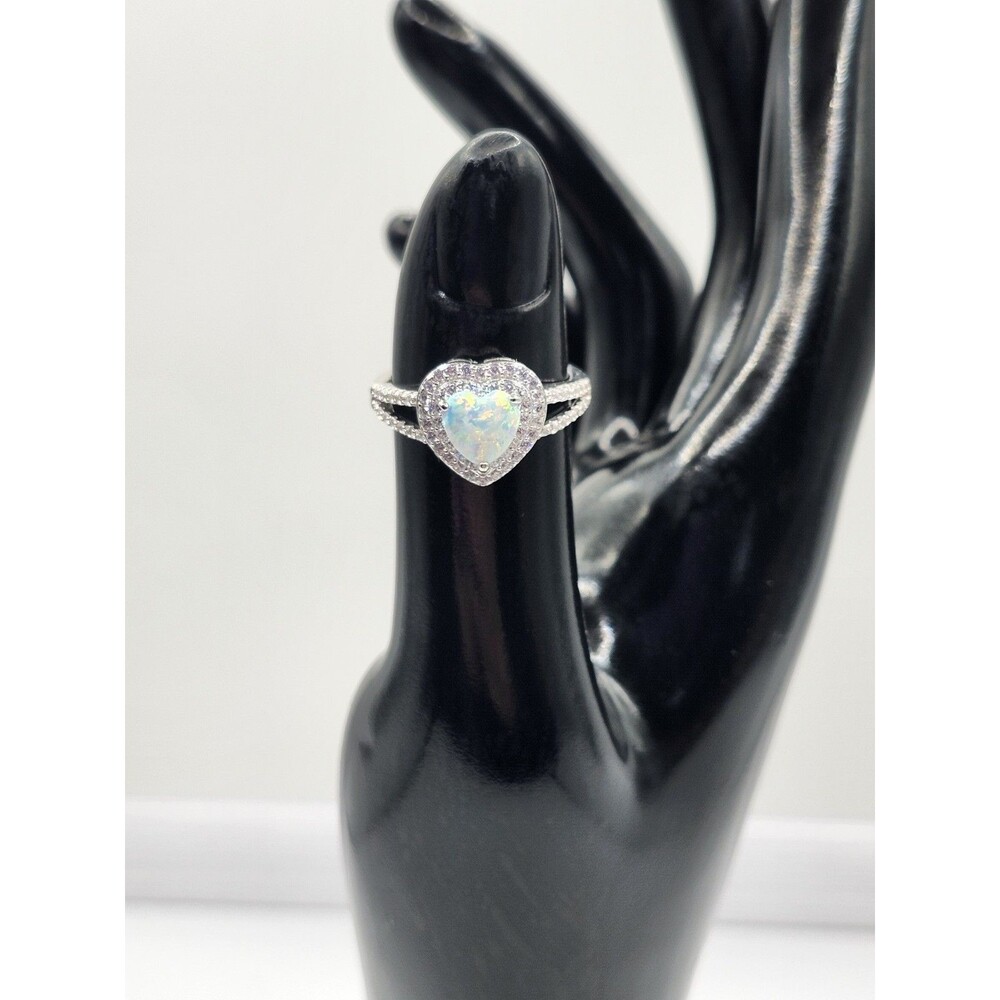 925 Sterling Silver White Opal and White Moissanite Heart Shape Ring For Women